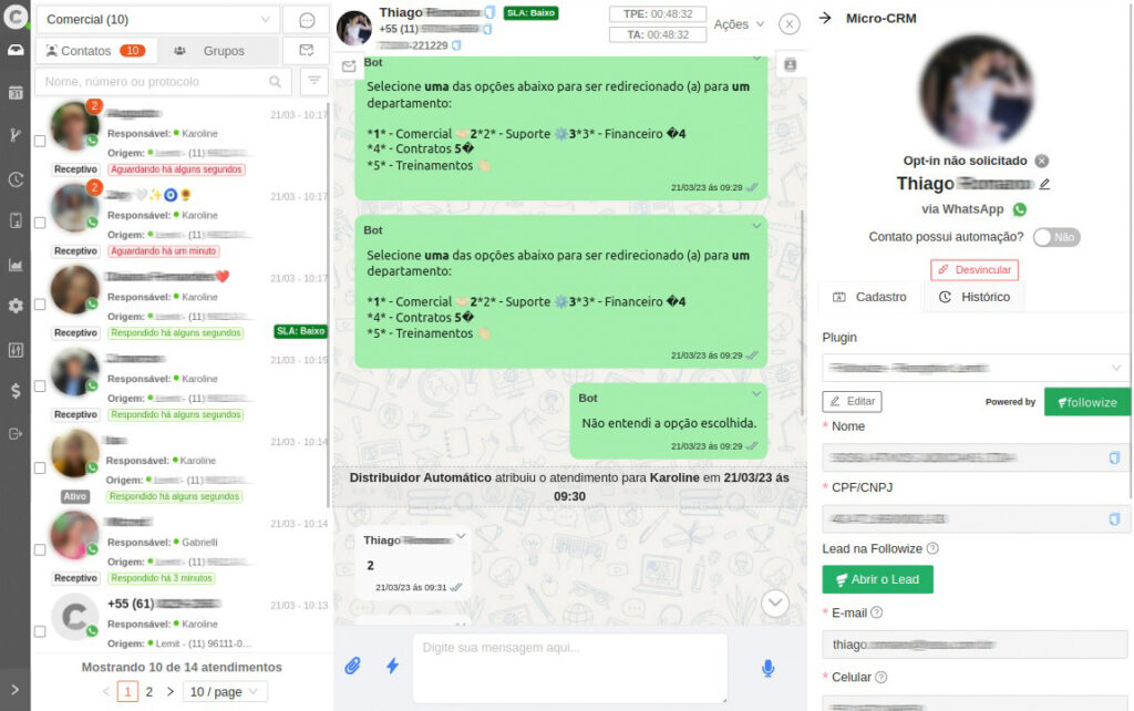 Tela da plataforma de atendimento Multicanal da Chatbee